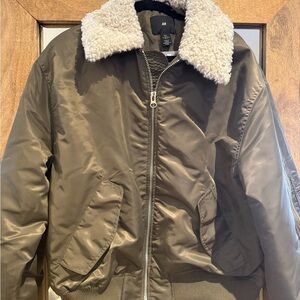 H&M Army Green Bomber Jacket with Sherpa Collar